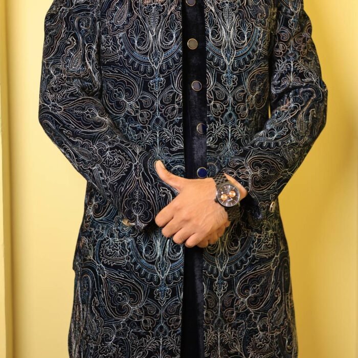 Men’s Indo-Western 3-Piece Suit – Embroidered Velvet Coat, Sleeveless Jacket & Pant