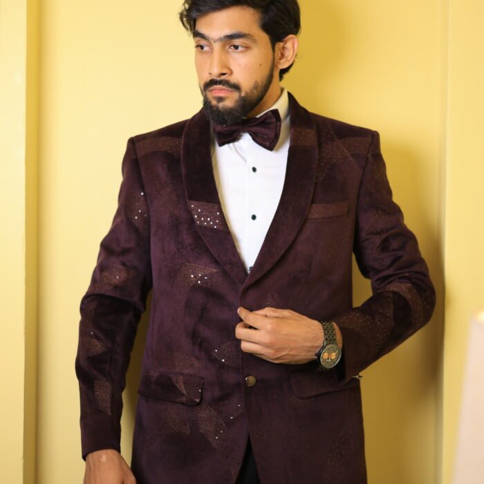 Men’s Velvet Maroon Tuxedo Suit – 3 Piece with Bow Tie | Elegant Wedding & Party Wear