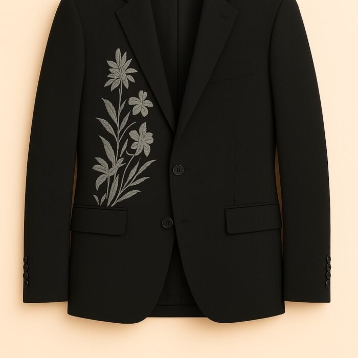 Men’s Deep Charcoal Embroidered Suit – 2 Piece Floral Blazer and Pant Set for Wedding & Party Wear